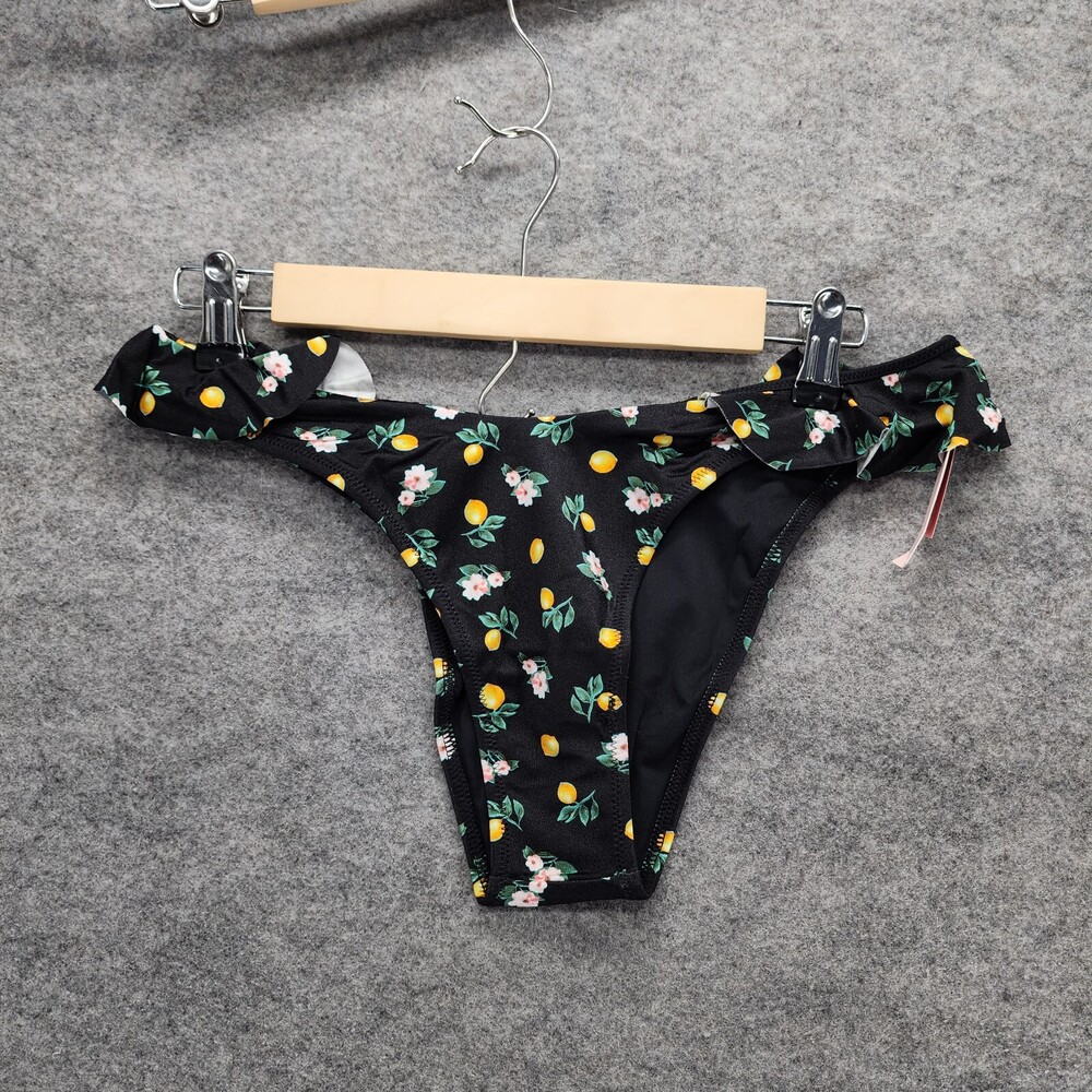 Victoria Secret Brazilian Bikini Bottom Womens Medium Ruffle Black Lemon Swimwea